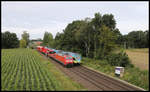 Am Stadtrand von Osnabrück Hellern begegnet hier am 2.8.2020 um 10.25 Uhr die Eurobahn RB 66 nach Münster einem Nofallzug.