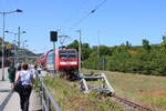 Der Prellbock am Bahnsteig 1 (Gleis 7) am 29.07.2024 in Bad Schandau. Hier endet und startet jede zweite S1 von und nach Meien Triebischtal.