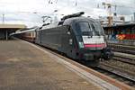 Ausfahrt am 29.03.2016 von MRCE/National Express ES 64 U2-096 (182 596-7) mit dem AKE-Rheingold (Domodossola - Dortmund Hbf) aus dem Badischen Bahnhof von Basel in Richtung Freiburg.