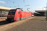 Ausfahrt am 04.10.2014 von 101 034-7 mit dem EC 6 (Chur HB/Zürich HB - Hamburg Altona) aus Basel Bad Bf gen Freiburg.