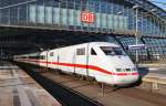 Hier 401 080-7  Castrop-Rauxel  als ICE599 von Berlin Ostbahnhof nach Mnchen Hbf., dieser Triebzug stand am 30.1.2012 in Berlin Hbf.