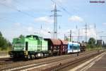 Lok 20  Lisa 1  (293 024-6) der Erfurter Bahn befrdert einen RegioShuttle, gut behtet von 4 Selbstentladewagen, durch Berlin-Schnefeld (14.08.2012)