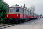 Der Triebkopf 478 004 des aus zwei Triebköpfen und zwei Mittelwagen bestehenden  Hilfwgerätezugs  stand am 06.08.1996 auf der Ausstellung  75 Jahre S-Bahn Berlin  in Bernau.