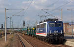 110 043 der Press führte am 02.04.17 einen leeren Autozug nach Zwickau-Mosel durch Bitterfeld Richtung Leipzig.