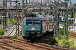 146 010 mit Doppelstockwagen am 08.08.2014 aus Meißen auf Anfahrt zum Hbf. Dresden.