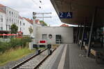 Das Ende vom Bahnsteig 2 in Eschwege Stadtbahnhof, am 26.07.2024. Früher gings hier über die  Kanonenbahn  weiter Richtung Leinfelde.