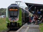Der als RE 7 verkehrende Elektrotriebzug 445 023 ist gerade am Zielbahnhof in Flensburg angekommen. (Juni 2024)