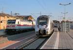 146 571-5 DB als IC 2044 (Linie 55) von Dresden Hbf nach Köln Hbf trifft auf 9442 613 und 9442 ??? (Bombardier Talent 2) von Abellio Rail Mitteldeutschland als RE 74580 (RE18) von Halle(Saale)Hbf