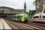 1430 041-2 (ET 6.06) und 1429 0?? (ET 5.?? | Stadler FLIRT 160) der NBE Nordbahn Eisenbahngesellschaft mbh & Co. KG mit dem Zugzielanzeiger  Überführungsfahrt  durchfahren Hamburg Hbf Richtung Hamburg-Altona.
[5.8.2019 | 15:27 Uhr]