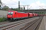 Mit einem leeren  Kali -Zug aus dem Hamburger Hafen fuhr am Vormittag des 19.07.2019 die 187 188 durch den Bahnhof von Hamburg Harburg in Richtung Rangierbahnhof Maschen.