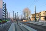 Blick am 05.02.2025 von der Haltestelle Heilbronn Hauptbahnhof / Willy-Brandt-Platz zur AVG Abstellanlage und zum Übergang von EBO zu BOStrab.