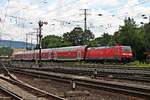 Nachschuss auf 146 277, welche am 18.06.2016 ihren RE 5  Rhein Express  (Wesel - Koblenz Hbf) am Rangierbahnhof von Koblenz Lützel in RIchtung Zielbahnhof schob.