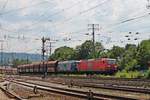 Am Mittag des 22.06.2019 fuhr DBC/RBH 145 021-2 zusammen mit RBH 205 (145 101-2) und einem leeren  Falns -Zug aus Dillingen (Saar) am Rangierbahnhof und DB Museum in Koblenz Lützel vorbei in