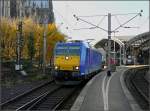 Farblich hebt sich die E-Lok 185 515-4 aus der Masse der roten Zge hervor. Bild aufgenommen im Hauptbahnhof von Kln am 08.11.08. (Jeanny) 