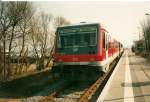 Triebwagen 628 638 im April 1999 am Endbahnhof Lauterbach Mole.Ein Monat spter fuhr nach dem Einbau des Schmalspurgleises erstmalig der Rasende Roland nach Lauterbach Mole.