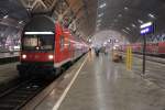 Der RE 26081 nach Zwickau(Sachs)Hbf wartet am 24.02.2013 in Leipzig Hbf auf die Abfahrt.