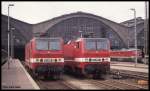 Echtes ungetrübtes Reichsbahn Flair herrschte am 26.4.1992 im HBF Leipzig vor, als ich diese Aufnahme von 143855 und 143856 um 11.17 Uhr machte.