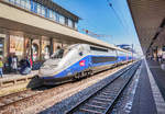 310 045-4 fährt als TGV 9552 (Frankfurt (Main) Hbf - Saarbrücken Hbf - Paris Est) in Mannheim Hbf ein.
Aufgenommen am 20.4.2017.