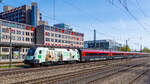 Werbe-Taurus 91 81 1116 231 (Bio Austria) am 05.04.2024 mit einem Railjet auf dem Weg von München-Ost in Richtung München Hauptbahnhof bei der Durchfahrt am Heimeranplatz.