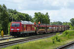 Warten auf die nächste Rutsche mit Fahrzeugen - der noch leere und von der Diesellokomotive 245 027 zu ziehende Autozug ist hier Anfang Juni 2024 in Niebüll zu sehen.