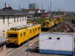 Wegen umfangreichen Arbeiten an Gleisen und Oberleitung im Güterbahnhof Nordhausen standen am 25.04.2014 708 327-2 von DB Netz und zwei weitere Fahrzeuge der DB Bahnbaugruppe abgestellt im