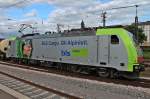 Lokportrait von BLS Re 486 506-9, die am 20.09.2013 mit einem KLV aus dem Bahnhof von Offenburg gen Schweiz ausfuhr.