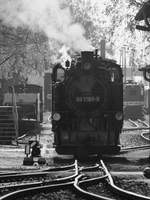 Die Schmalspur-Dampflokomotive 99 1789-9 wartet auf ihren Einsatz am Bahnhof Radebeul-Ost.