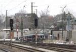 27.3.2013 Riesa Posten 6. Hl Signale, Formsignal und Aussenspannwerke - Sicherungstechnik, die - wie shon auf vielen Abschnitten der ltesten deutschen Fernbahn - bald Geschichte sein wird.