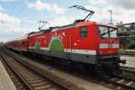 Hier 112 108 mit einem RE5 (RE4365) von Rostock Hbf. nach Lutherstadt Wittenberg, dieser Zug stand am 26.7.2015 in Rostock Hbf.