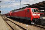 Hier 120 205-0 mit einem RE1 (RE4308)  Hanse-Express  von Rostock Hbf. nach Hamburg Hbf., dieser Zug stand am 26.7.2015 in Rostock Hbf.