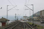 Bauarbeiten an der KBS 466, am 15.02.2023 im Bahnhof Rüdesheim (Rhein).