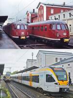 Der Bahnhof Soest um 1980 und am 26.09.2024: Waren damals noch die DB- Eierköpfe  der Baureihe 430 (430 420-0 in Richtung Paderborn und 430 411-9 nach Dortmund) dort anzutreffen, versehen auf