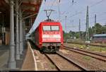 Nachschuss auf 101 056-0 als verspäteter IC 2239  Warnow  (Linie 56) von Warnemünde nach Leipzig Hbf, der den Bahnhof Stendal auf Gleis 5 verlässt.