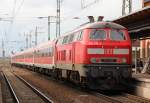 Nachschuss auf den  Stammstrecken-Shuttle  gesandwicht von 218 465-3 und 218 413-3 bei der Abfahrt aus Stendal zur Weiterfahrt nach Hannover. Aufgenommen am 21.09.2013.