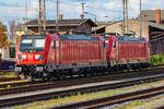 Zwei BOMBARDIER Loks der BR 147 (014 & 012) in Stralsund Hauptbahnhof abgestellt. 16.10.2020