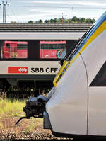 Falsche Spiegelung? Regionalverkehr in Alt und Modern
111 120-2 von DB Regio Baden-Württemberg spiegelt sich in Stuttgart Hbf in einem EC-Wagen der Gattung  Bpm 61  der SBB, eingereiht im IC 189 (Linie 87) nach Zürich HB (CH), während 3442 706 (Bombardier Talent 2) im Vordergrund steht.
[29.9.2019 | 13:52 Uhr]