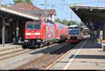 146 229-0, mit Werbung für das Europa-Park-Kombi-Ticket, von DB Regio Baden-Württemberg als verspäteter RE 4715 von Karlsruhe Hbf nach Konstanz trifft auf 650 641-3 (VT 245 | Stadler