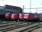 12.04.08,Wochendruhe in Wanne Eickel,145 042-8,140 791-5,151 124-5,232 129-7.Die Loks warten in den ehemaligen Eilgutgleisen auf neue Aufgaben.Vom Bahnsteig der Gleise 7+8 lassen sich am Wochenende