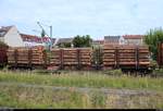 Blick auf einen mit Holz beladenen Flachwagen der Gattung  Sngs  (37 80 4724 123 D-DB) der DB, der in einem Holzzug mit 246 011-1 (246 049-2)  Wir können mehr als nur Dampf machen!  der Eisenbahn-Bau- und Betriebsgesellschaft Pressnitztalbahn mbH (PRESS) eingereiht ist und den Bahnhof Weißenfels Richtung Naumburg (Saale) verlässt.
[16.6.2018 | 10:38 Uhr]