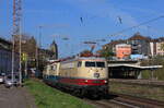 Am 22. April 2021 zog die E03 001 einen Lokzug mit 111 001 und 140 423 nach Koblenz durch Wuppertal-Steinbeck. 