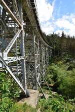 Blick auf die Ziemestalbrücke bei Remptendorf. 1893 bis 1895 erbaut hat sie eine Länge von 115 Metern und eine Höhe von 32 Metern sowie einen Bogenradius von 193 Metern. Besonders auffällig ist hierbei das man nicht wie sonst oft üblich Stein sondern Stahl als Baustoff genommen hat. Dies war unterem anderem auf die hohen Transportkosten in Ziemestal zurück zu fähren weshalb man sich für den modernsten Baustoff zu damaliger Zeit entschied und zwar Stahl. Der Personenverkehr wurde am 24. Mai 1998 eingestellt und der Güterverkehr wenige Monate später Ende 1998. Seit dem 1.1.2005 ist die Strecke offiziell stillgelegt. Seit vielen Jahren rollen nun nur noch Draisinen über die denkmalgeschützte Ziemestalbrücke. 

Remptendorf 01.08.2023