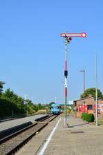 Blick auf das Ausfahrsignal F in Klostermansfeld in Richtung Helbra.