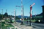 Straßenbahn Reutlingen__Die Straßenbahn in Reutlingen verkehrte das letzte Mal (auf den Linien 1 und 2) am 19. Oktober 1974. Die niveaugleiche Kreuzung beim Südbhf. mit der Echaztalbahn Reutlingen-Pfullingen-Honau-Lichtenstein-Engstingen. GT4 auf Linie 1 von Eningen kommend, an heißen Tagen mit (teils) geöffneten Türen. Im Hintergrund die Albausläufer mit dem Gutenberg bei Eningen.__29-07-1974