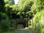 Das Ostportal vom mittlerweile verfüllten Schwarzkopftunnel auf der ehem. Spessartrampe, am 25.08.2021 in Heigenbrücken.