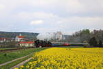 01 519 und 01 180 fahren mit ihrem Dampfsonderzug am 30.04.2022 gemeinsam über die Donautalbahn bei Sigmaringendorf Richtung Bodensee.