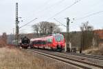 Sonderfahrt mit der HE 01 118 - 14.04.2013  --  In  Langgns begegnet der Sonderzug mit der 01 118 der  Hamsterbacke  Bombardier Talent 2, DB REGIO 442 788.