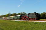 Die 03 2155-4 der WFL mit dem Dampfsonderzug auf der Rückfahrt von Templin nach Berlin Schöneweide am 06.05.2018 in Nassenheide.