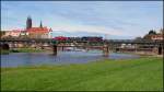 26.04.2012. Dampflok 03 2155 auf Probefahrt, berquerung der Elbe bei Meissen mit dem Panorama von Dom und Albrechtsburg.