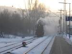 (7.1.06)Kurz nach dem Ersten Dampfsonderzug mit BR 01 519 und BR 50 2740 in St.Georgen/Schwarzwald(KBS720)abgefahren war, folgte ein zweiter mit BR 23 058 und BR 50 3673,deswegen ist das Bild auch so