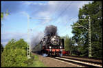 Am 8.5.2004 war der Eisenbahn Kurier, später Eisenbahn Tradition, mit der 24009 auf der Rollbahn nach Hamburg unterwegs. Nach der Abfahrt in Hasbergen machte die Lok mächtig Dampf, um den Zug wieder zu beschleunigen.